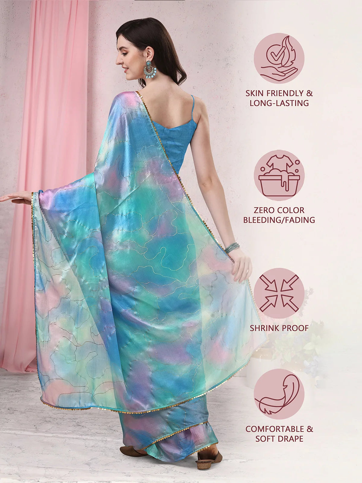 Buy Tie & Dye Chiffon Printed Foil Embellished Saree With Blouse Piece-Blue