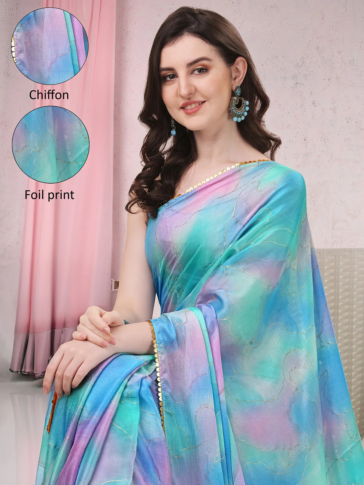 Buy Tie & Dye Chiffon Printed Foil Embellished Saree With Blouse Piece-Blue