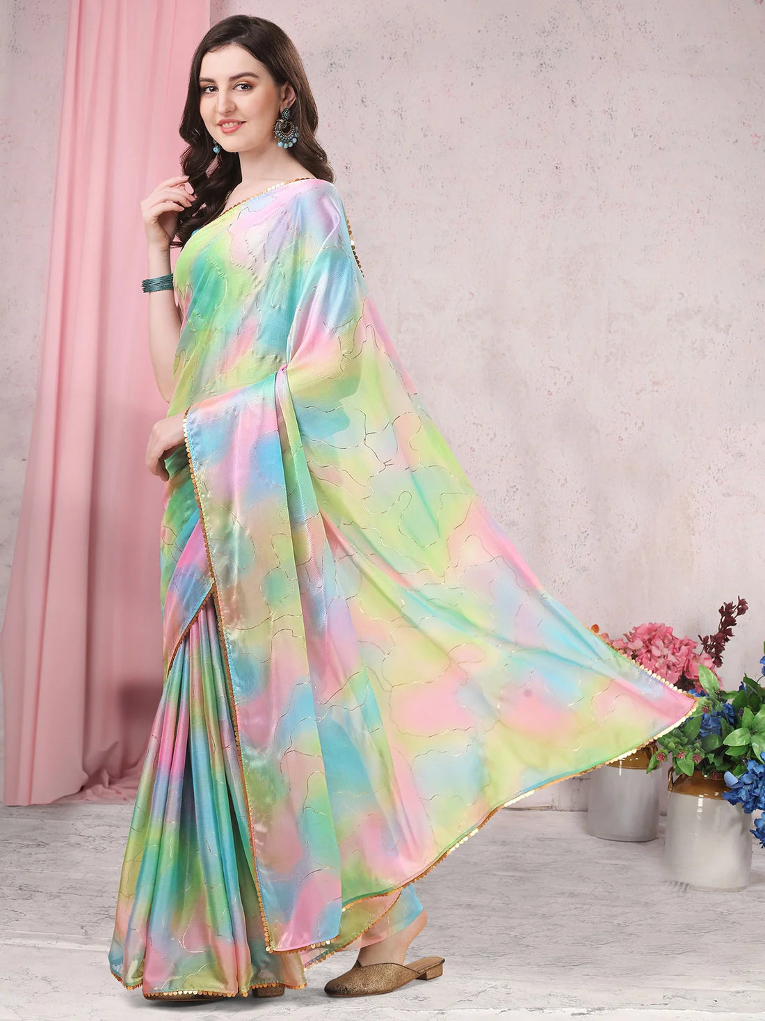 Buy Tie & Dye Chiffon Printed Foil Embellished Saree With Blouse Piece-Multicolor