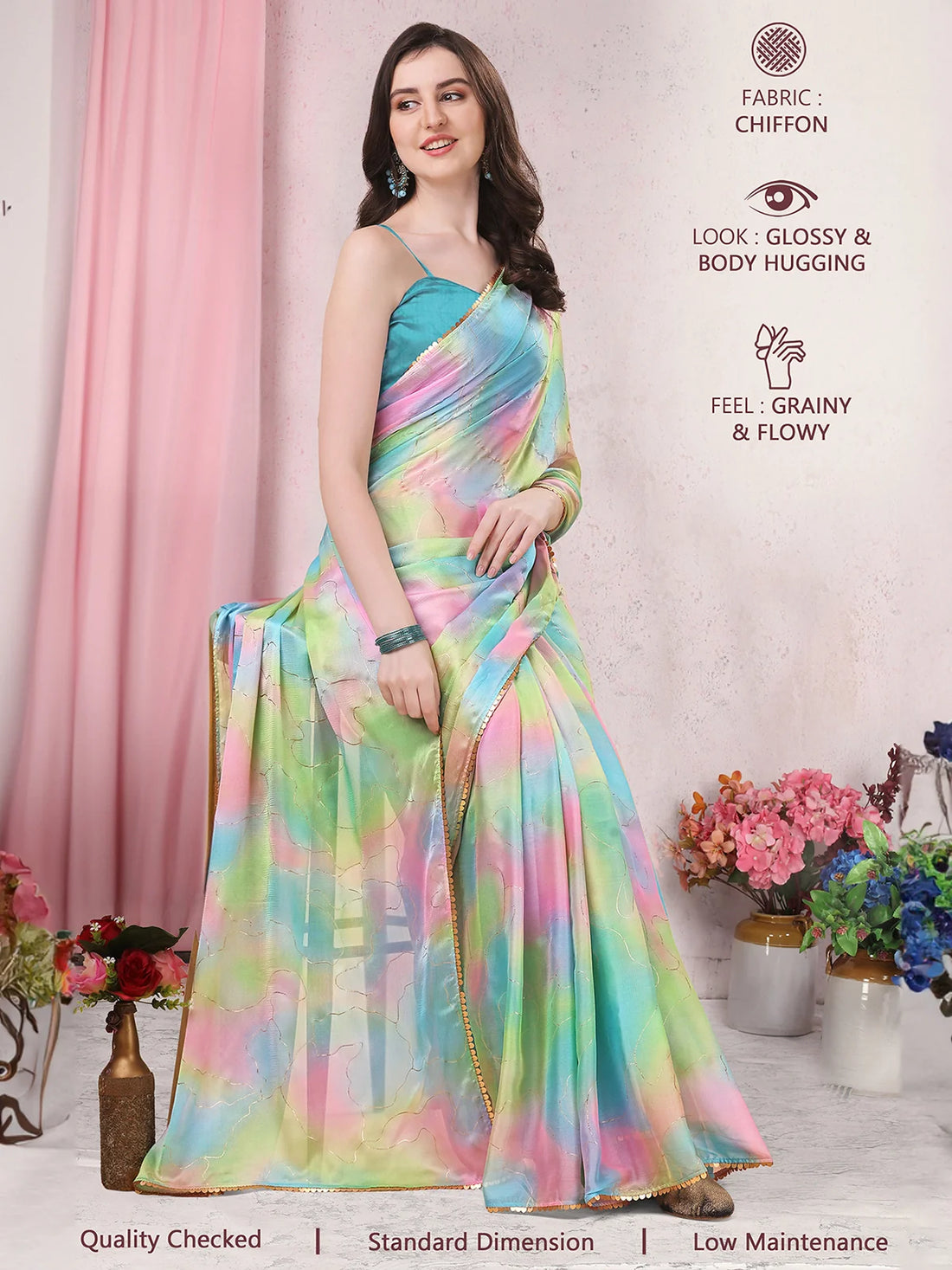 Buy Tie & Dye Chiffon Printed Foil Embellished Saree With Blouse Piece-Multicolor