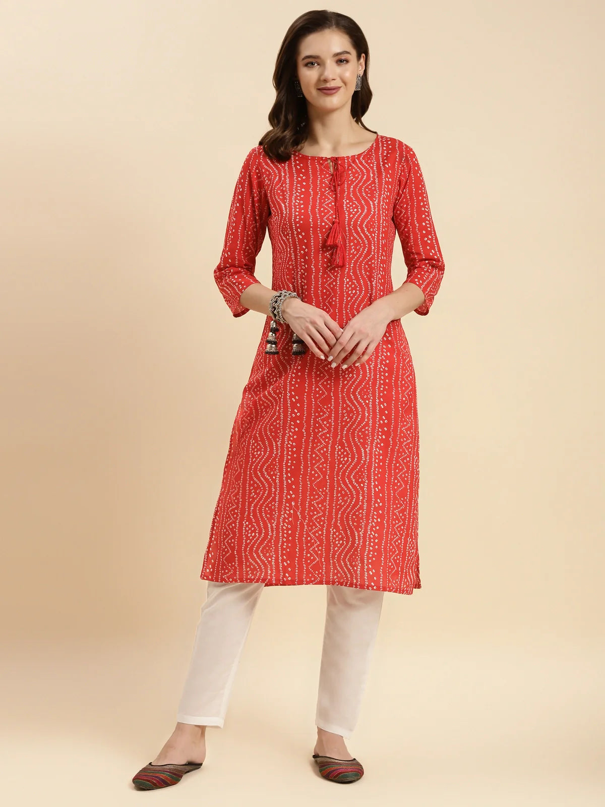 Buy Cotton Calf Length Bandhani Printed Straight Kurta With Pant-Red