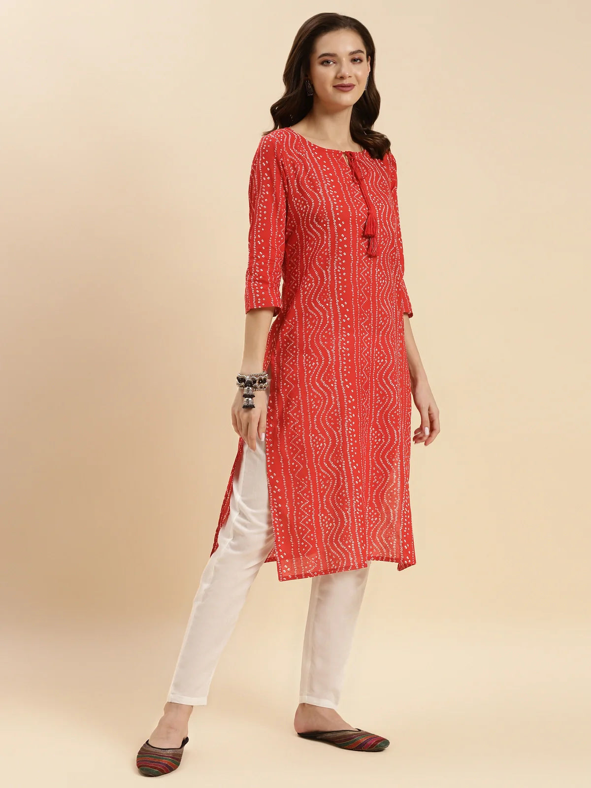 Buy Cotton Calf Length Bandhani Printed Straight Kurta With Pant-Red