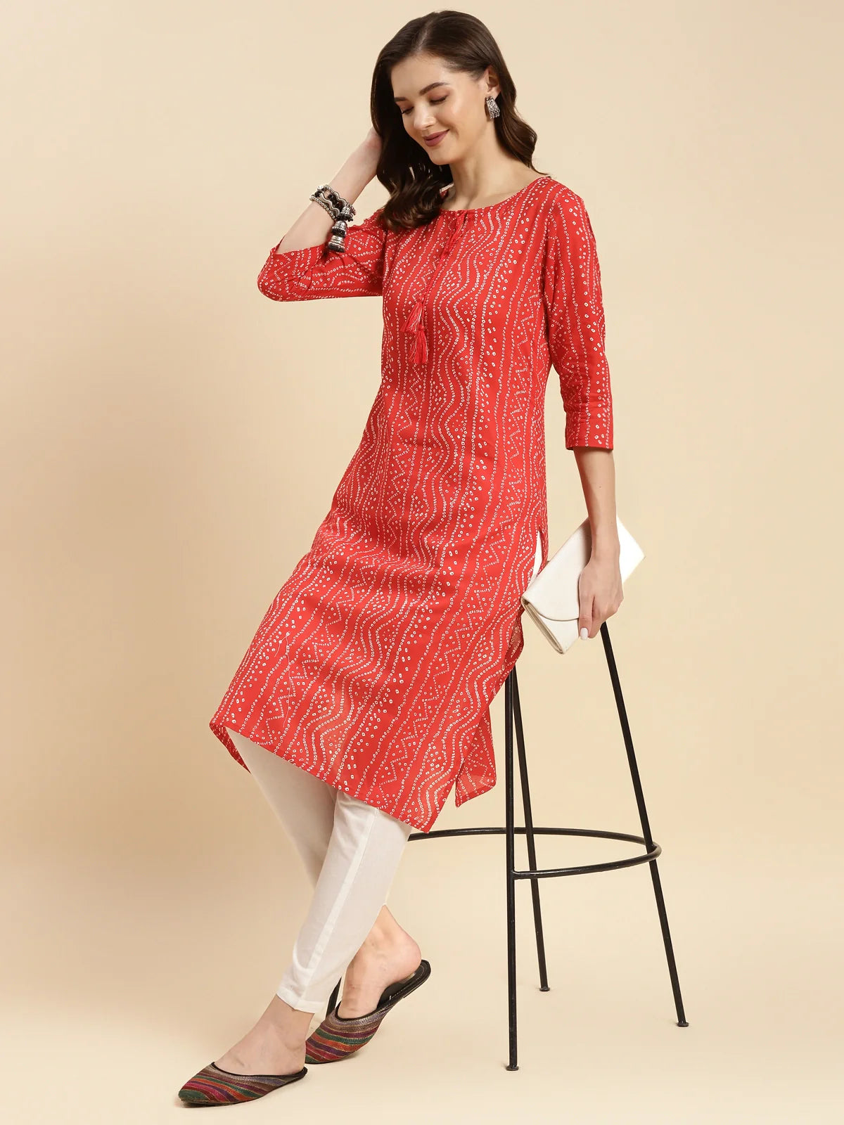 Buy Cotton Calf Length Bandhani Printed Straight Kurta With Pant-Red