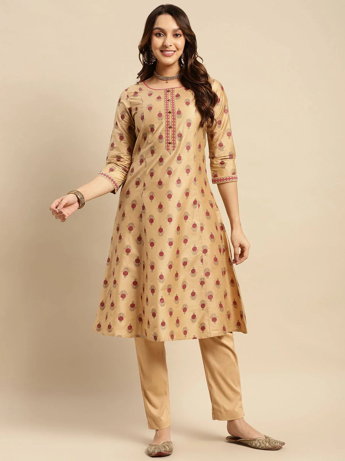 Buy Gold Printed Calf Length A-line Kurta-Beige