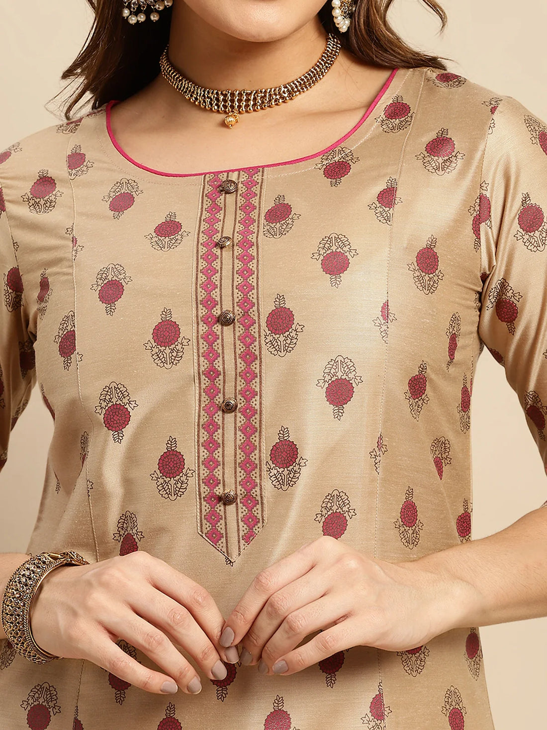 Buy Gold Printed Calf Length A-line Kurta-Beige