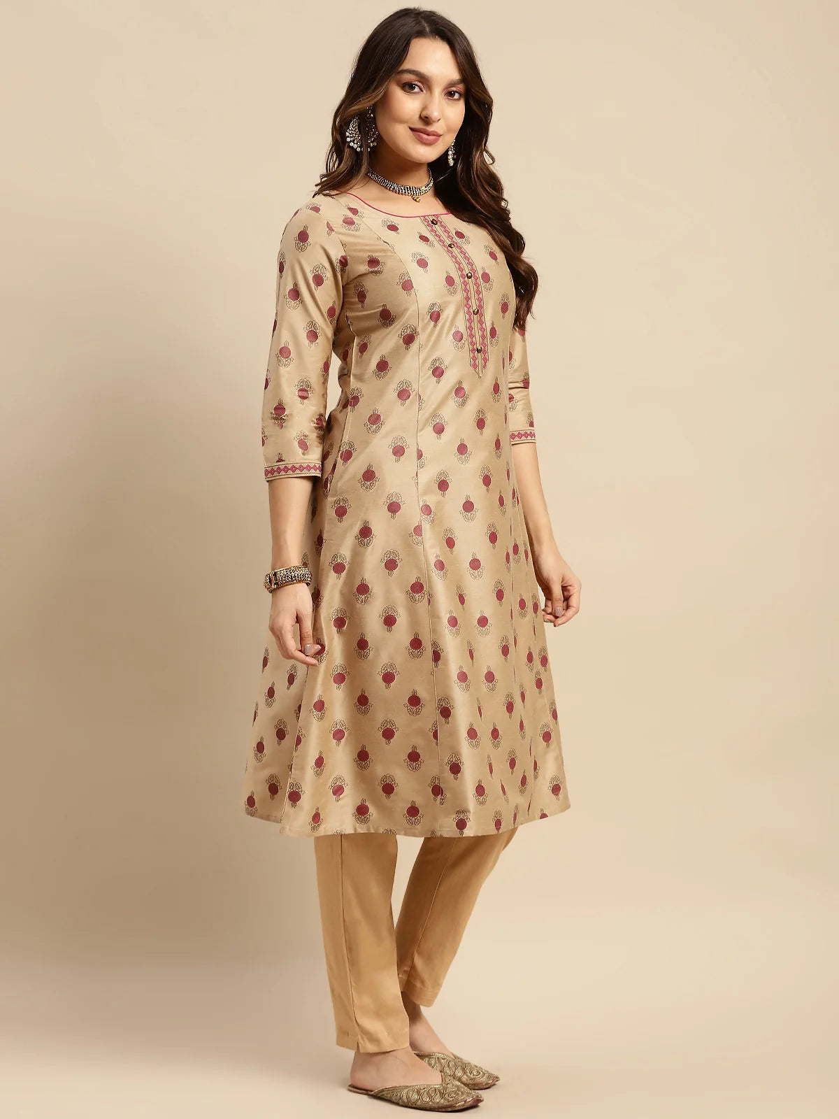 Buy Gold Printed Calf Length A-line Kurta-Beige