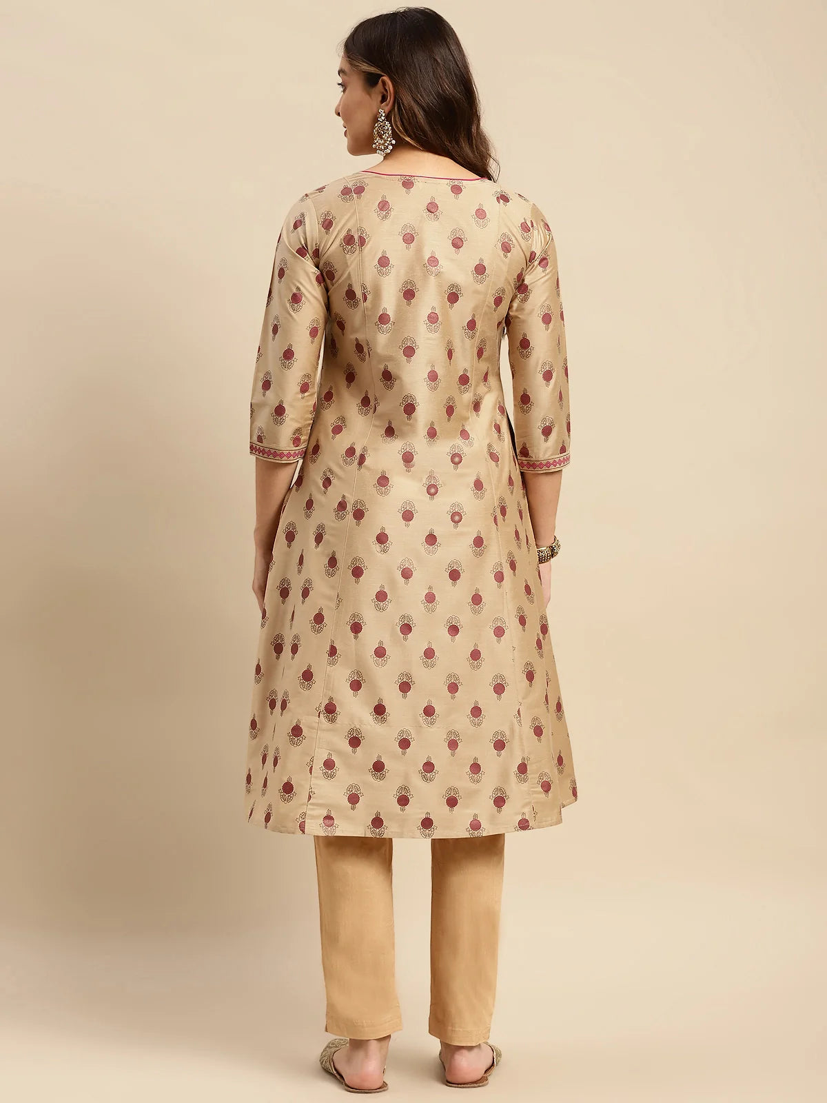 Buy Gold Printed Calf Length A-line Kurta-Beige