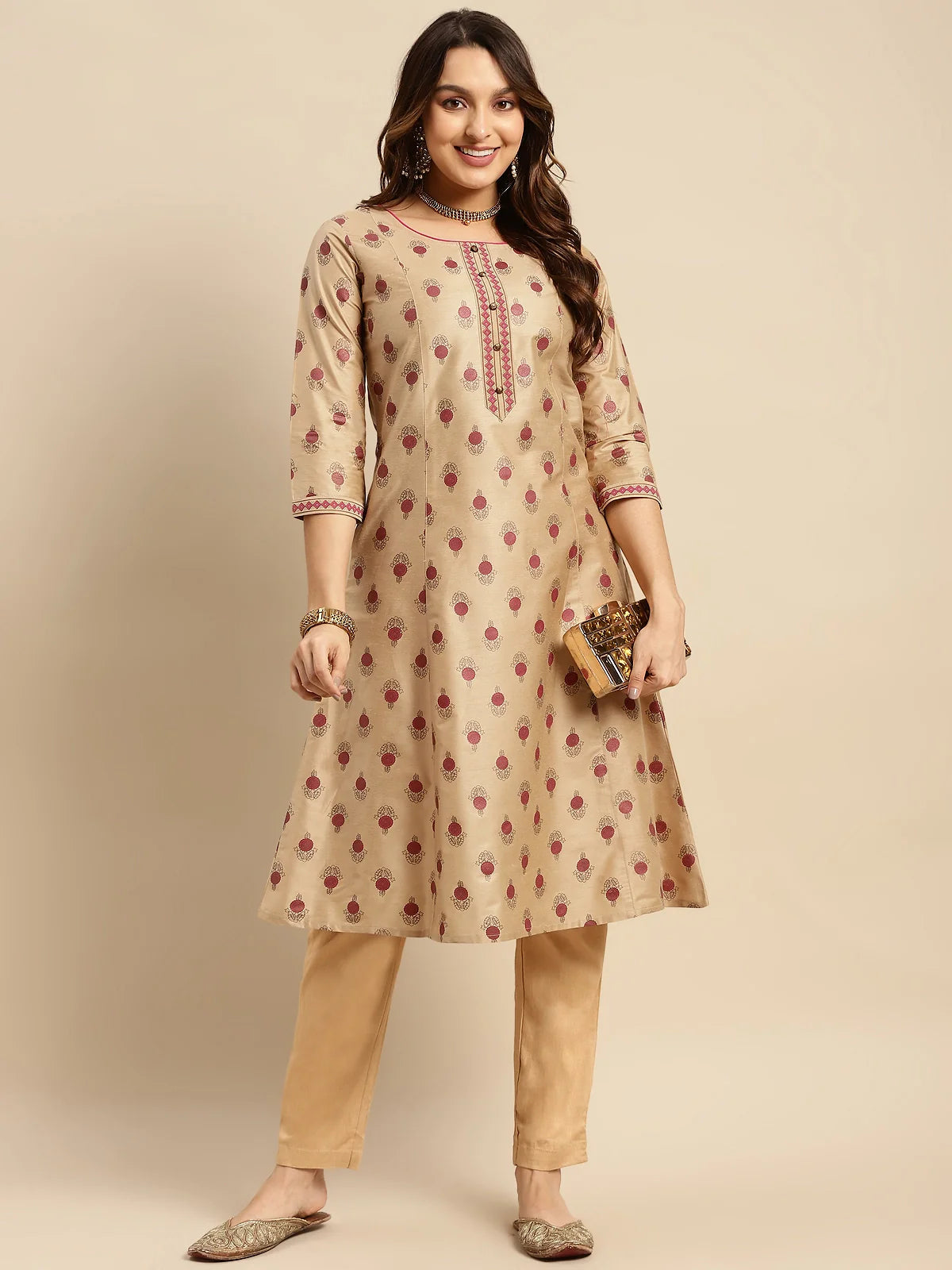 Buy Gold Printed Calf Length A-line Kurta-Beige