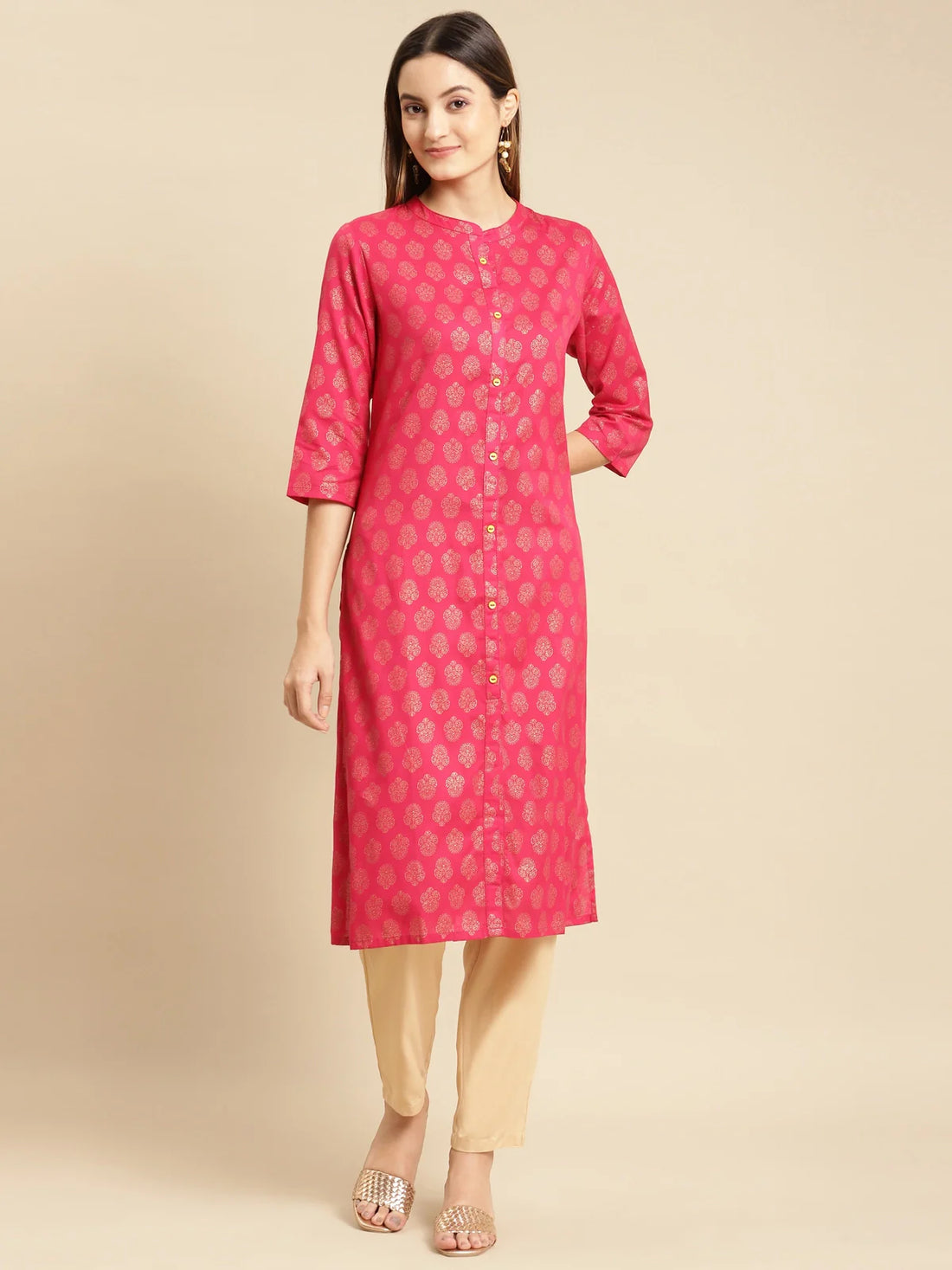 Buy Gold Printed Calf Length Straight Kurta-Pink