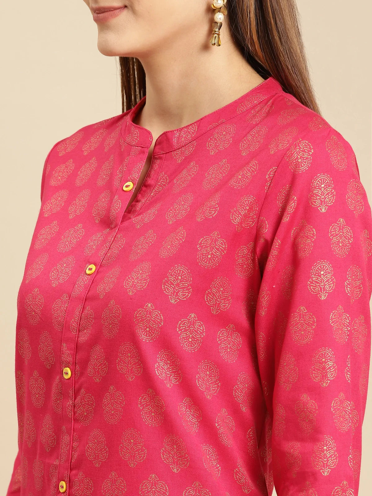 Buy Gold Printed Calf Length Straight Kurta-Pink