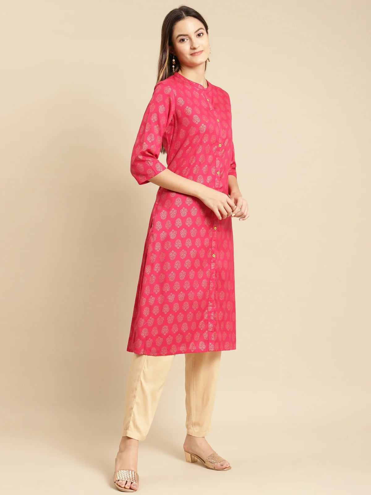 Buy Gold Printed Calf Length Straight Kurta-Pink