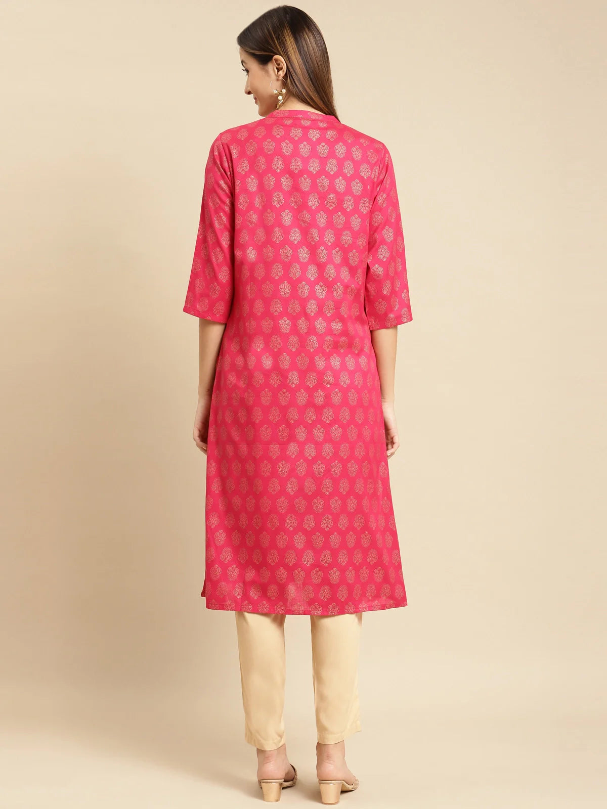 Buy Gold Printed Calf Length Straight Kurta-Pink