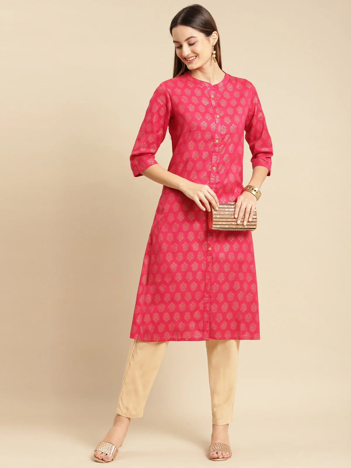 Buy Gold Printed Calf Length Straight Kurta-Pink