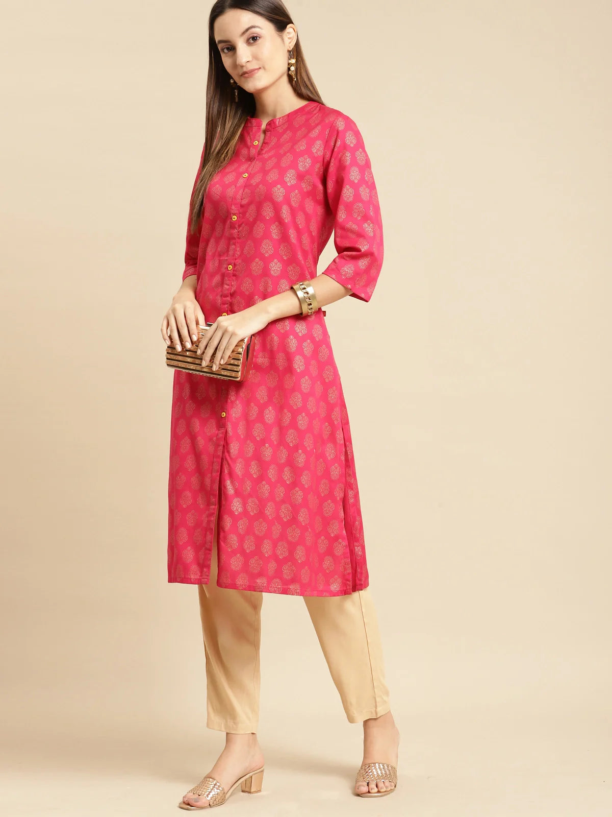 Buy Gold Printed Calf Length Straight Kurta-Pink