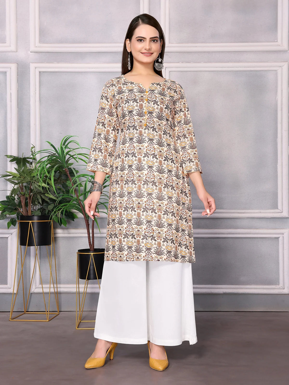 Buy Rayon Printed Knee Length Straight Kurta-Cream