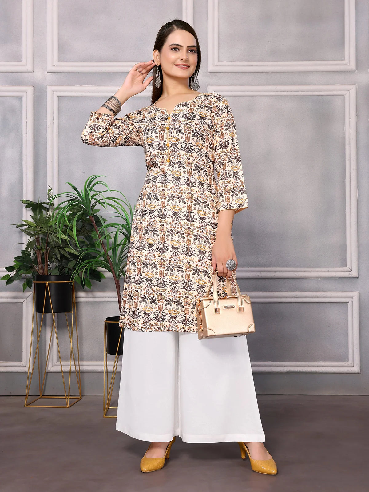 Buy Rayon Printed Knee Length Straight Kurta-Cream