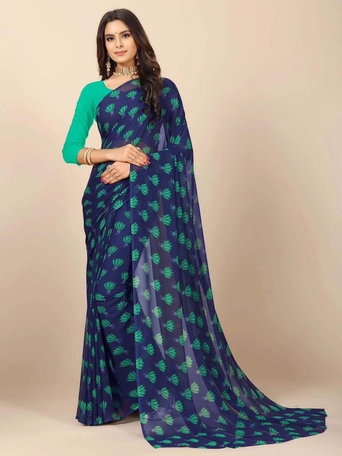 Buy Floral Printed Georgette Saree With Blouse Piece-Navy Blue