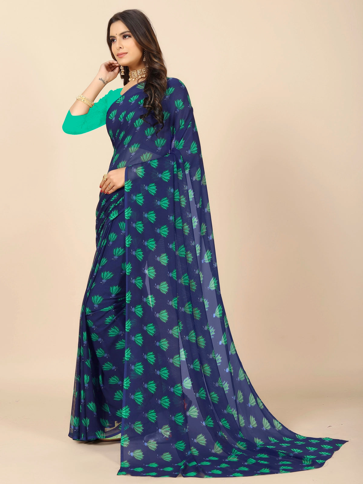 Buy Floral Printed Georgette Saree With Blouse Piece-Navy Blue