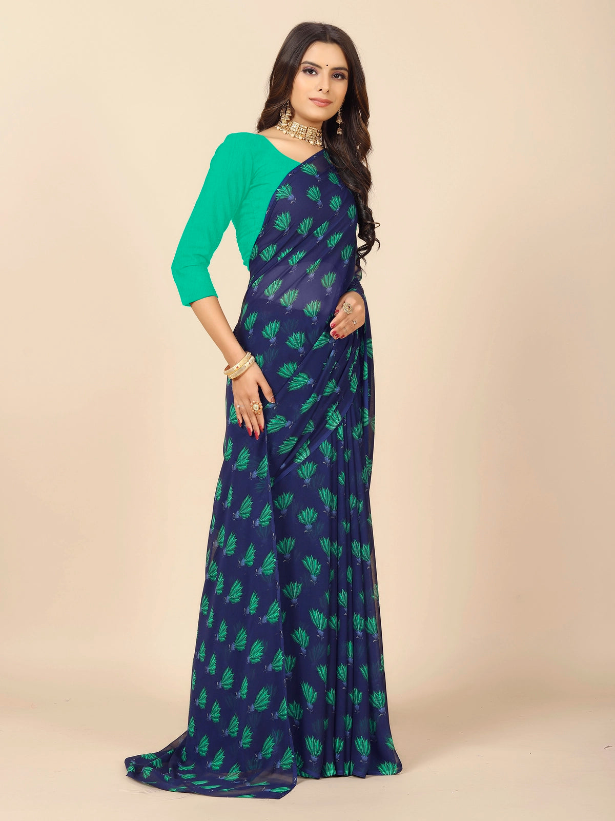 Buy Floral Printed Georgette Saree With Blouse Piece-Navy Blue