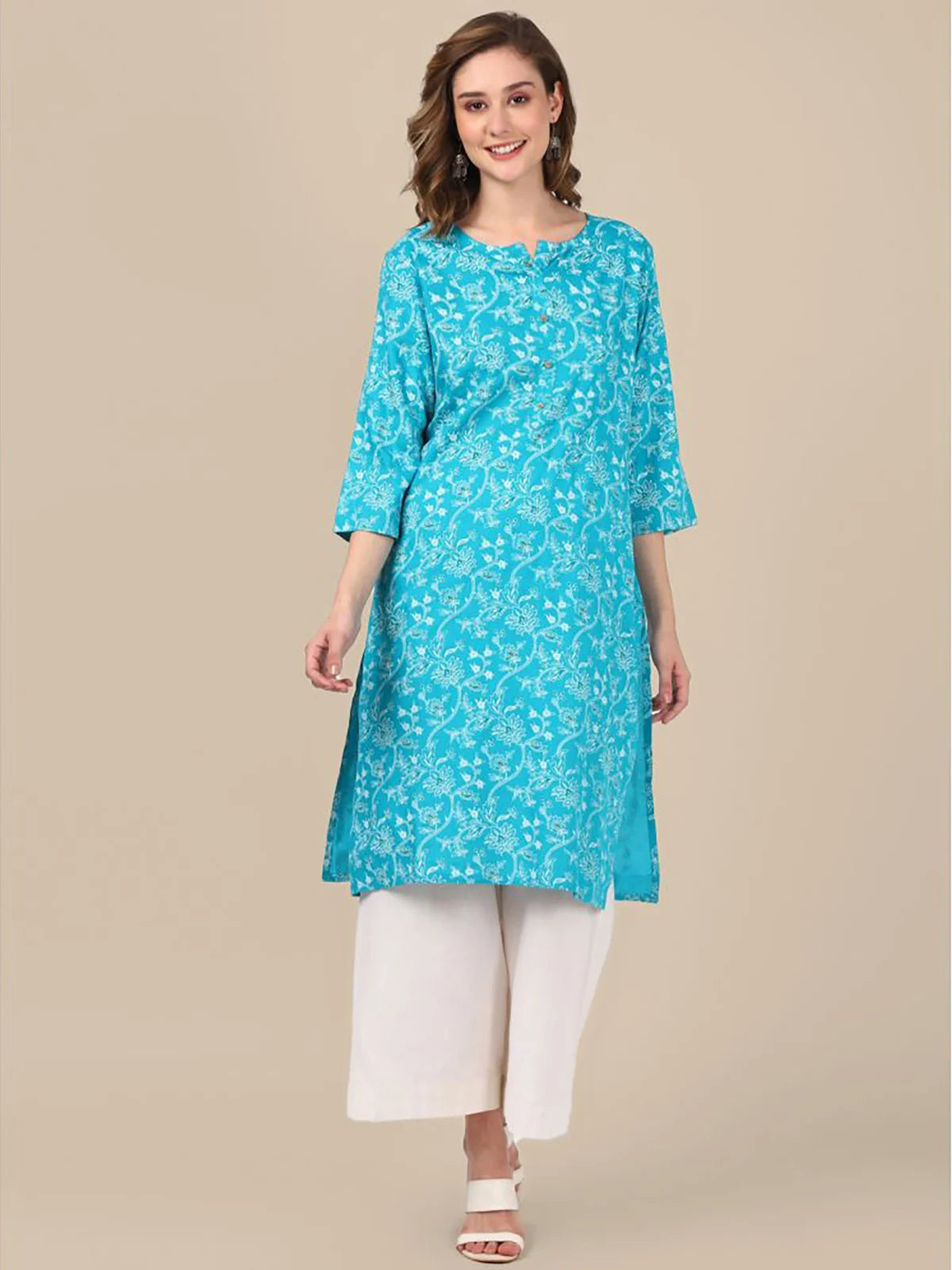 Buy Rayon Floral Printed Knee Length Straight Kurta-Turquoise