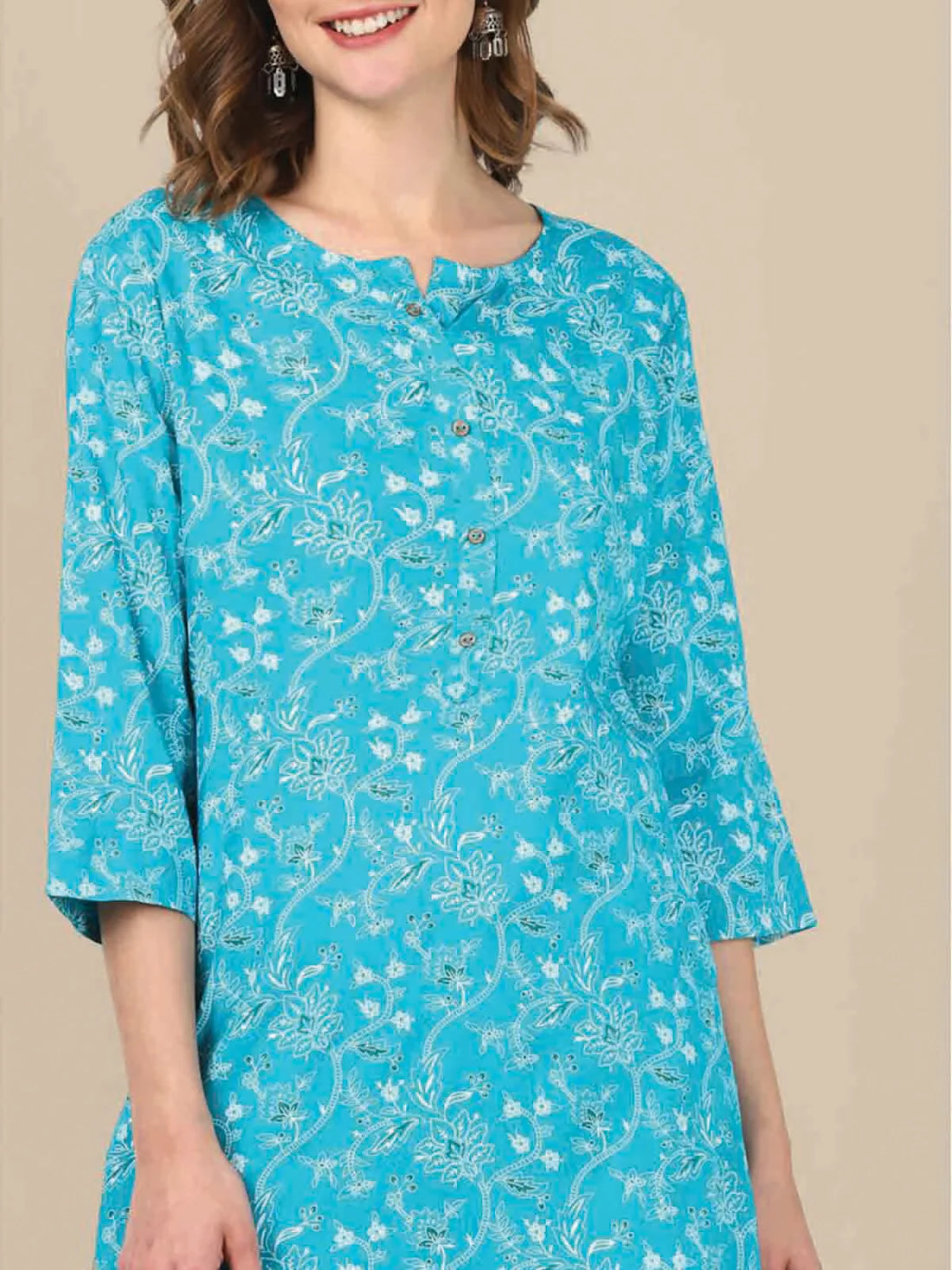 Buy Rayon Floral Printed Knee Length Straight Kurta-Turquoise