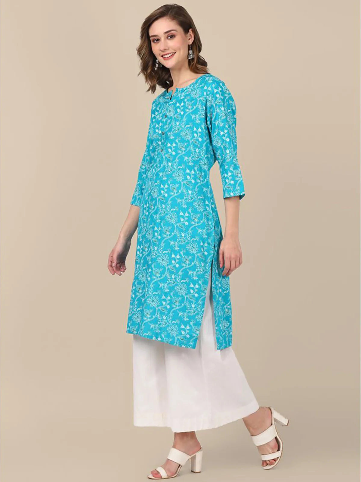 Buy Rayon Floral Printed Knee Length Straight Kurta-Turquoise