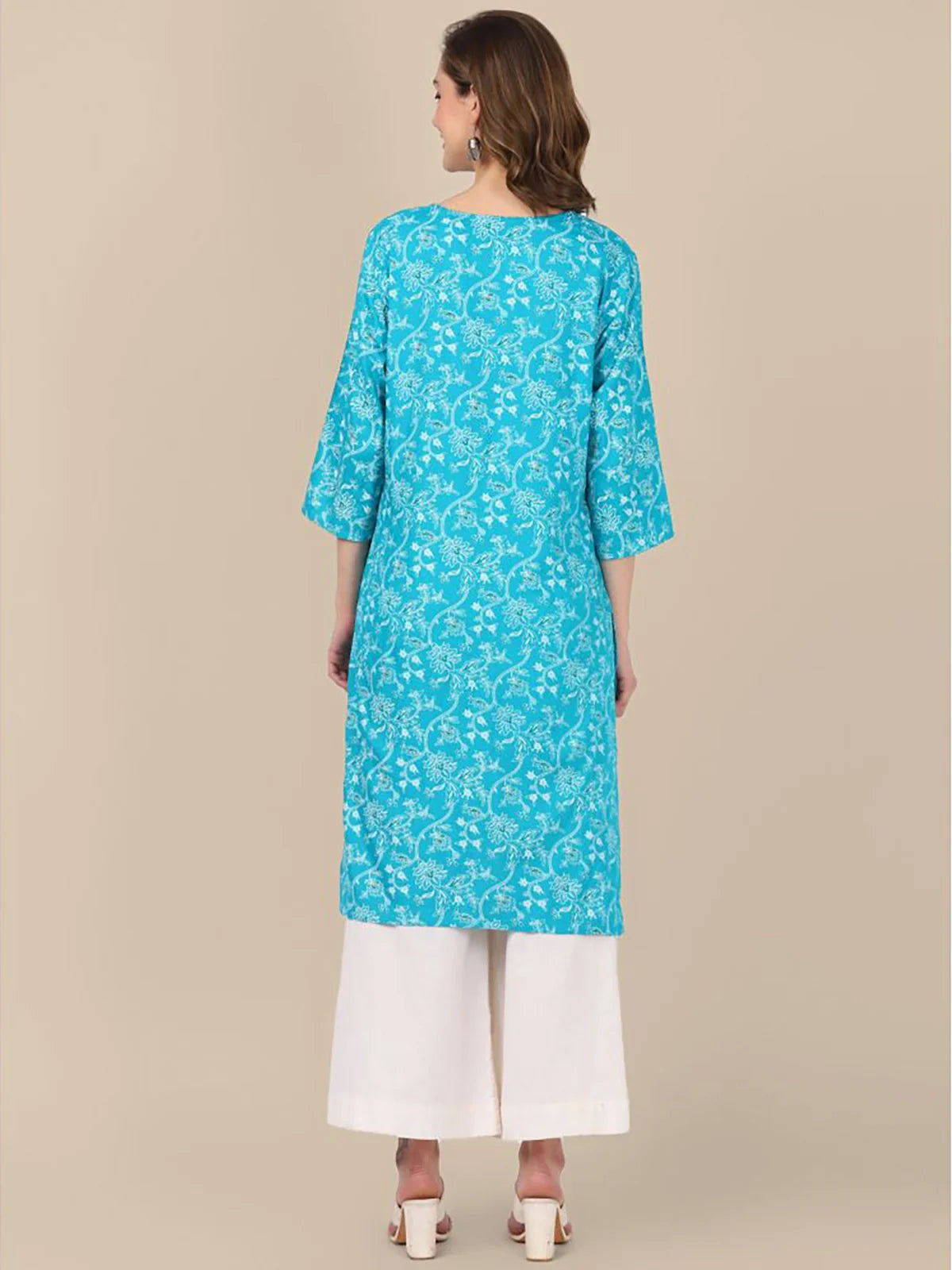 Buy Rayon Floral Printed Knee Length Straight Kurta-Turquoise