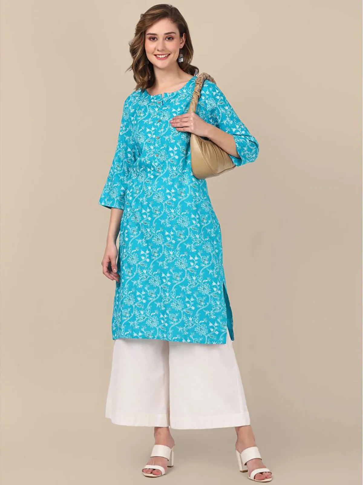 Buy Rayon Floral Printed Knee Length Straight Kurta-Turquoise