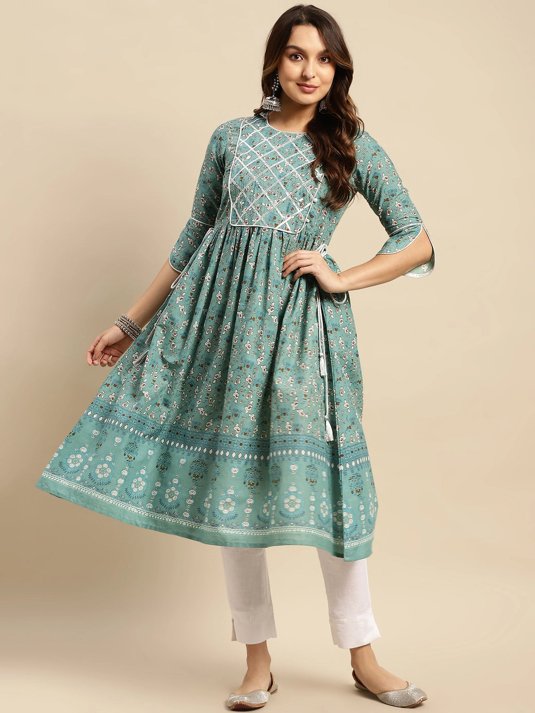 Buy 100% Cotton Gota Lace At Yoke Calf Length Kurta Gathered At Waist-Teal