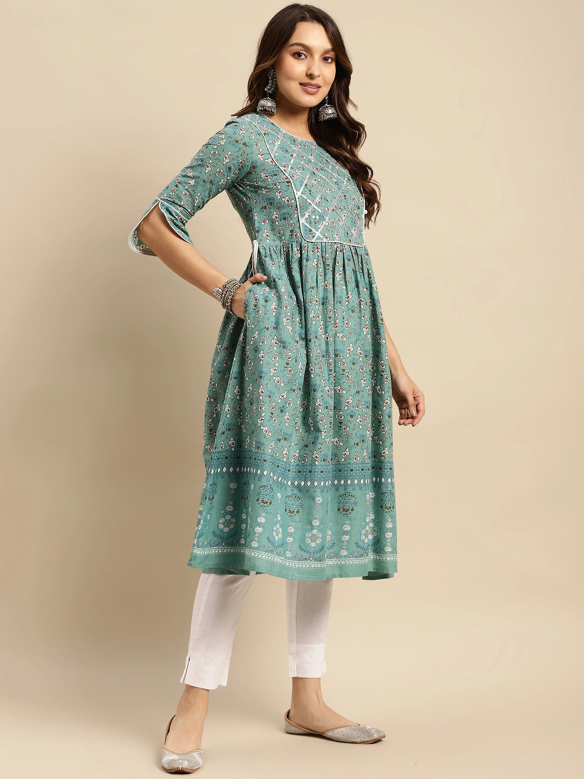 Buy 100% Cotton Gota Lace At Yoke Calf Length Kurta Gathered At Waist-Teal