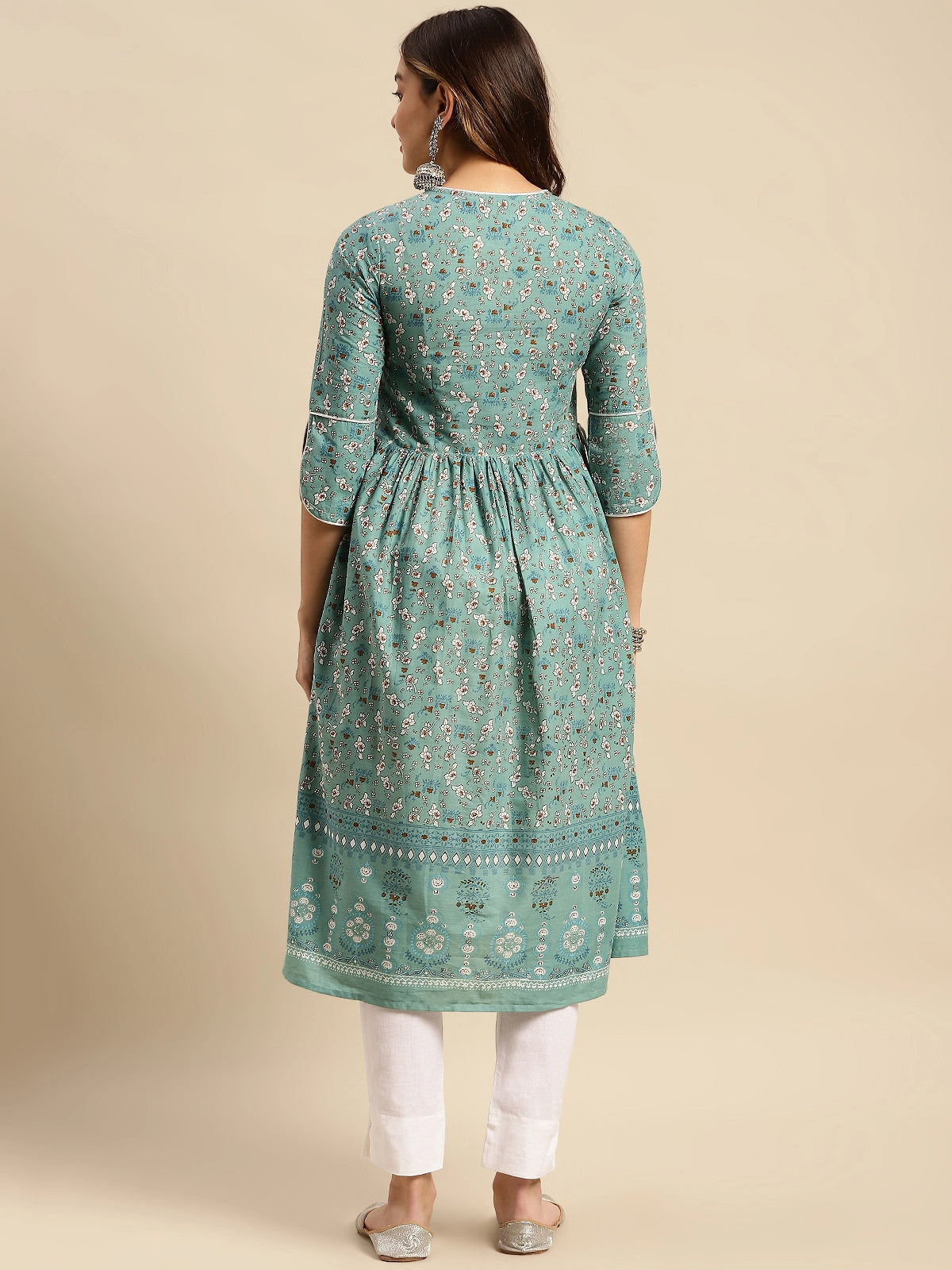 Buy 100% Cotton Gota Lace At Yoke Calf Length Kurta Gathered At Waist-Teal