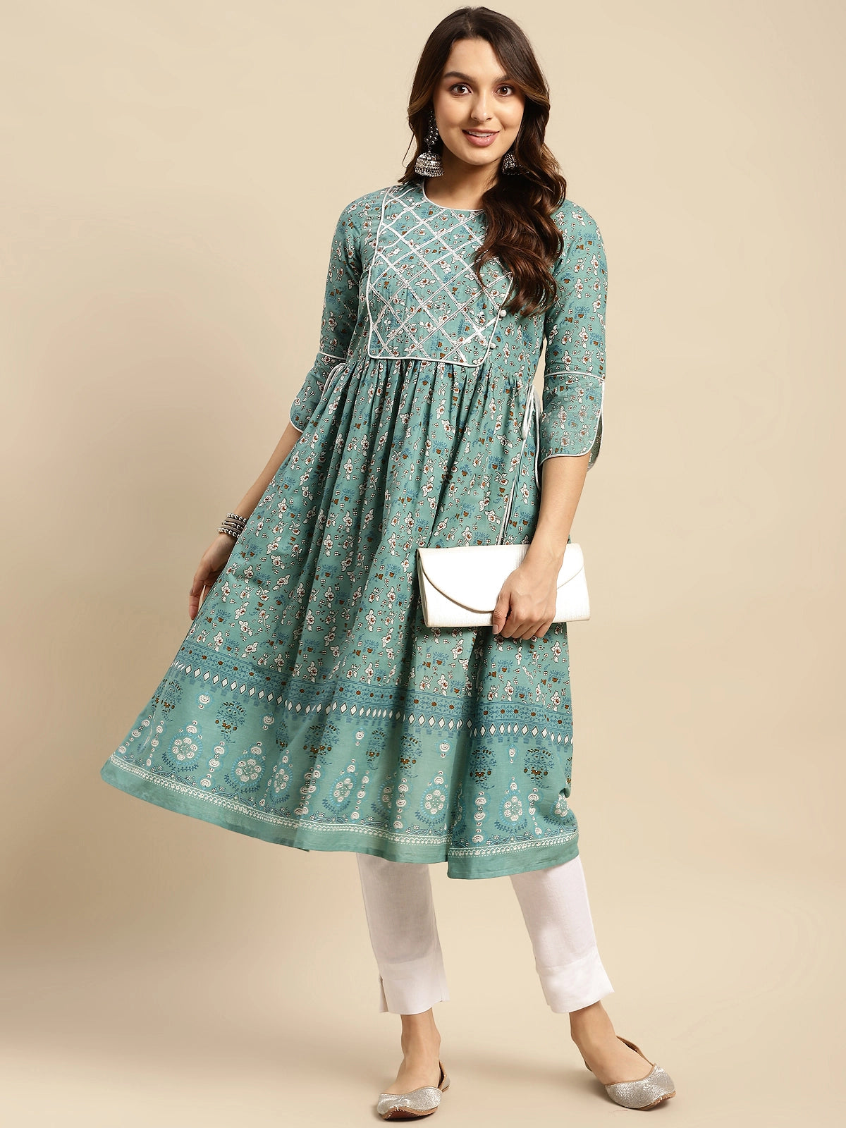 Buy 100% Cotton Gota Lace At Yoke Calf Length Kurta Gathered At Waist-Teal