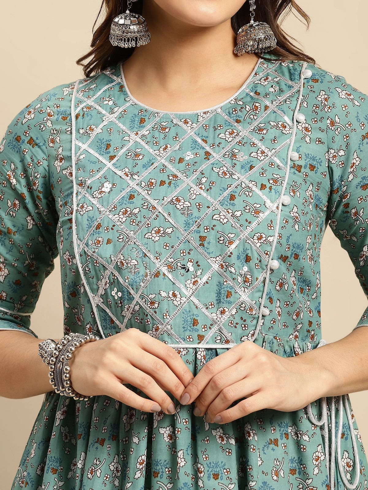 Buy 100% Cotton Gota Lace At Yoke Calf Length Kurta Gathered At Waist-Teal