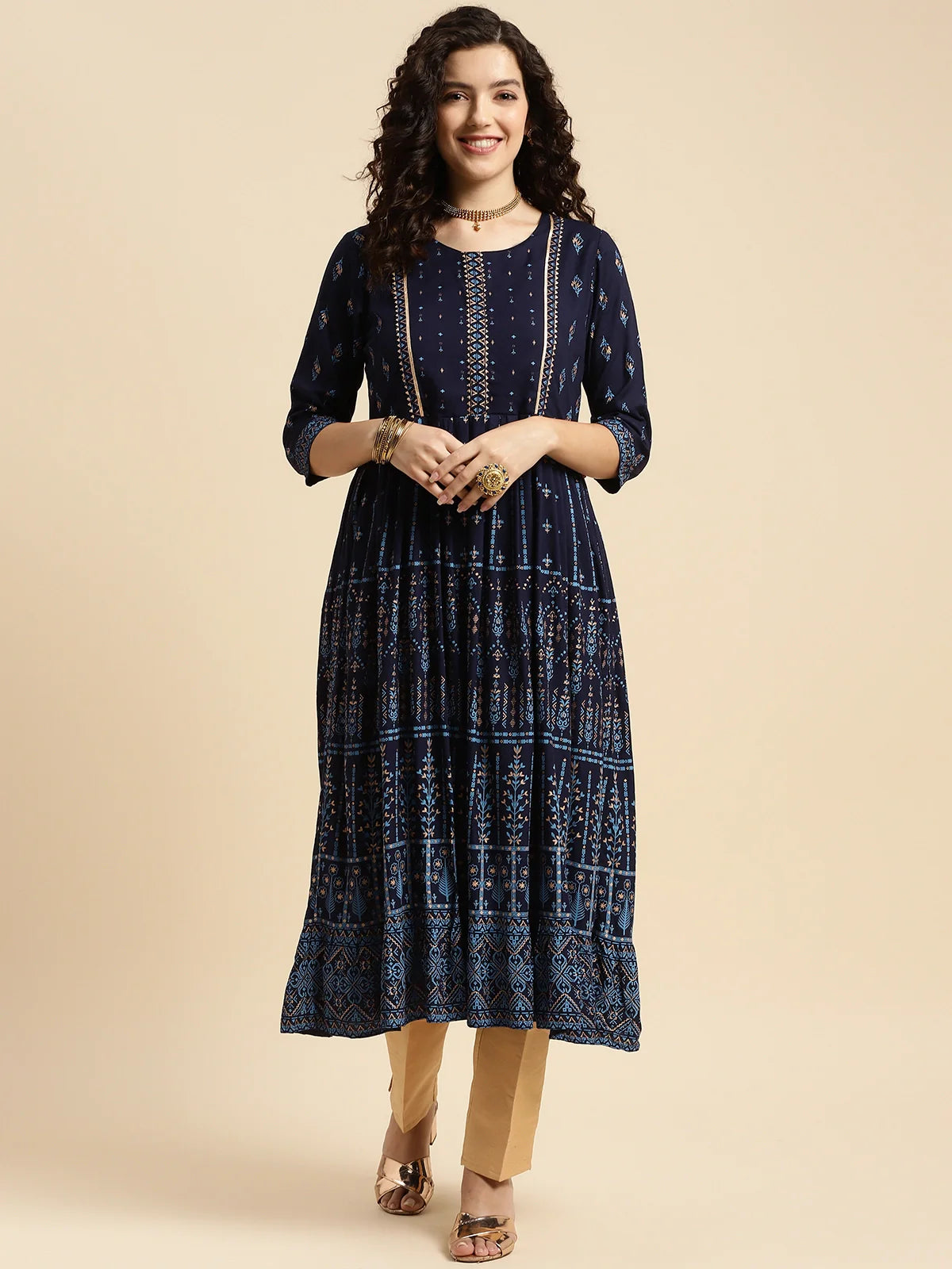 Buy Rayon Printed Calf Length Anarkali Kurta-Indigo