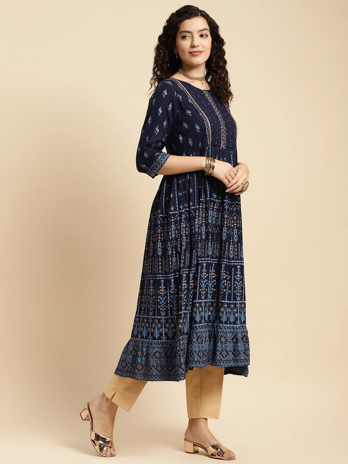 Buy Rayon Printed Calf Length Anarkali Kurta-Indigo