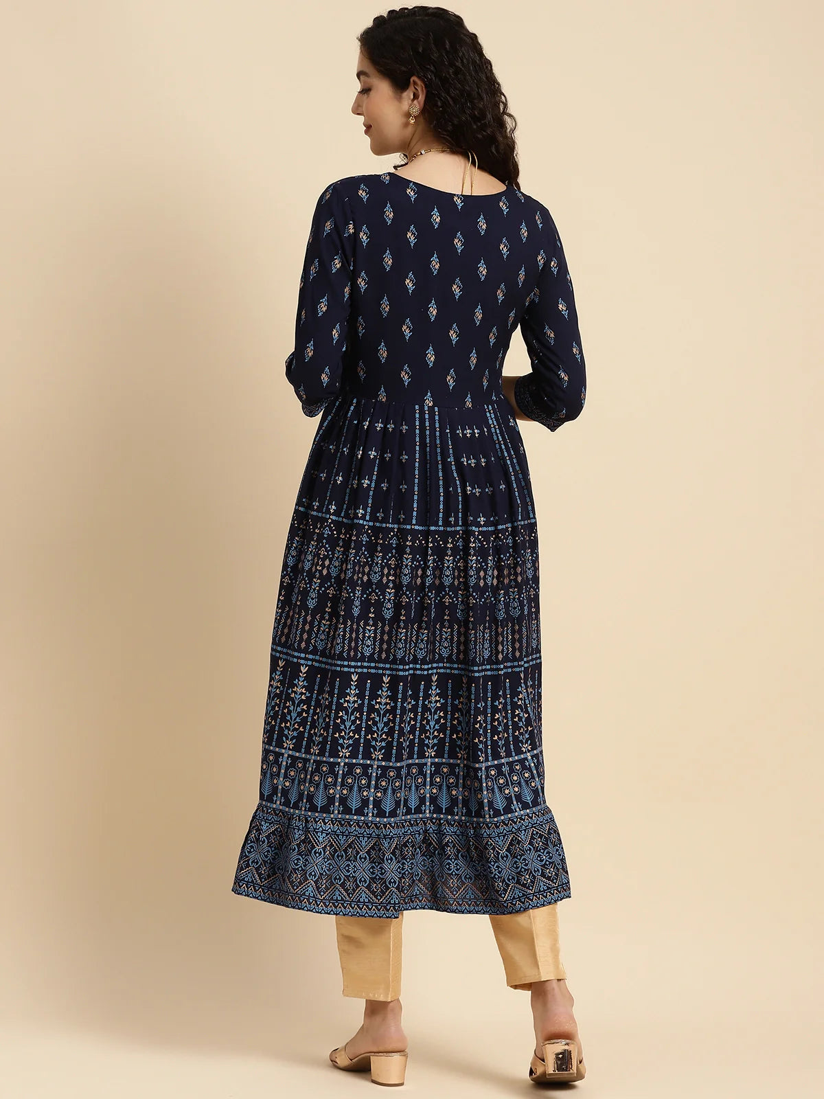 Buy Rayon Printed Calf Length Anarkali Kurta-Indigo