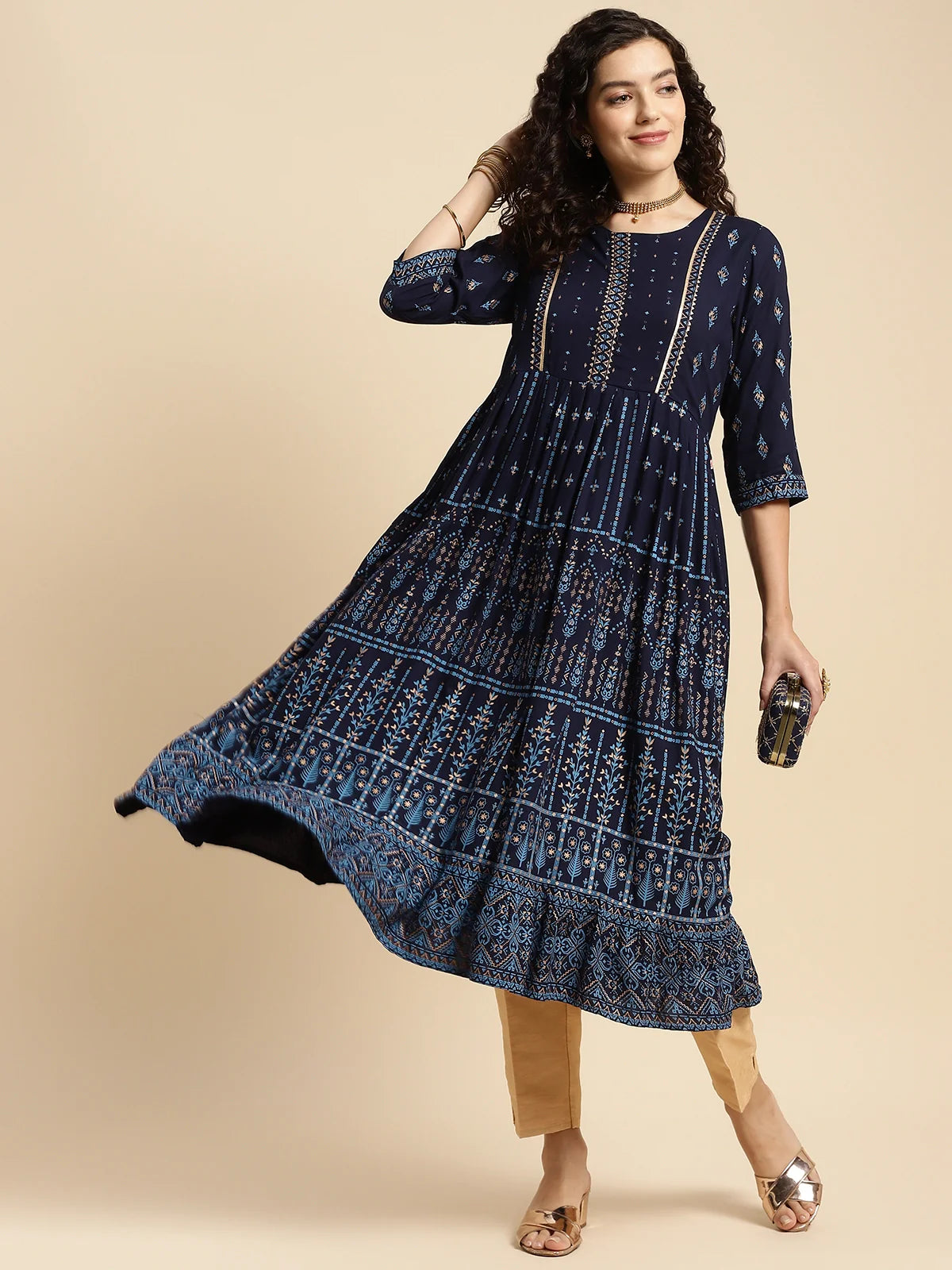 Buy Rayon Printed Calf Length Anarkali Kurta-Indigo