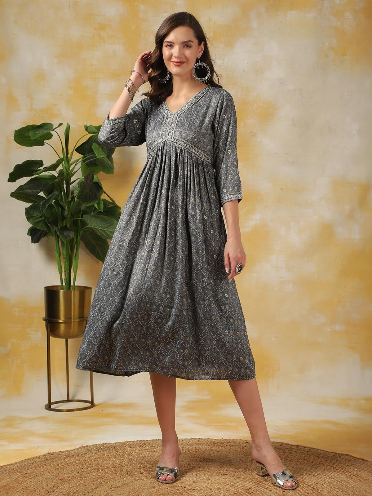 Buy Rayon Printed Empire Dress Calf Length Ethnic Dress-Grey