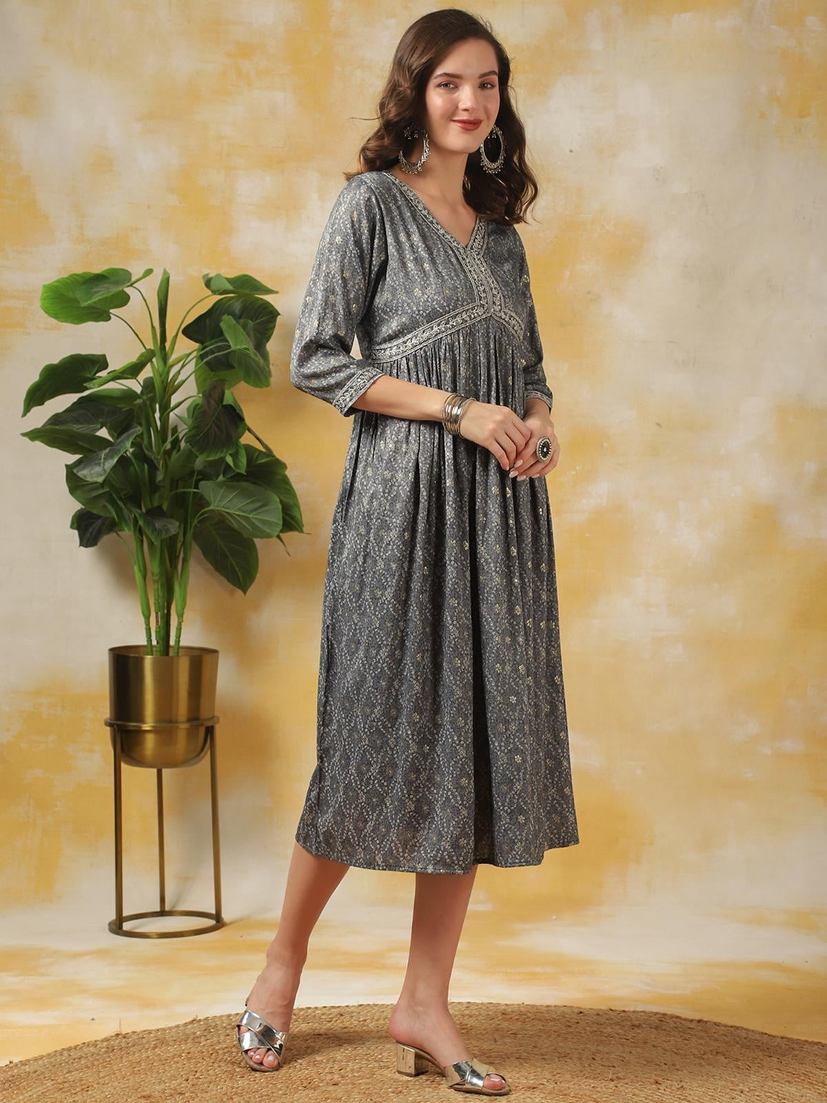 Buy Rayon Printed Empire Dress Calf Length Ethnic Dress-Grey