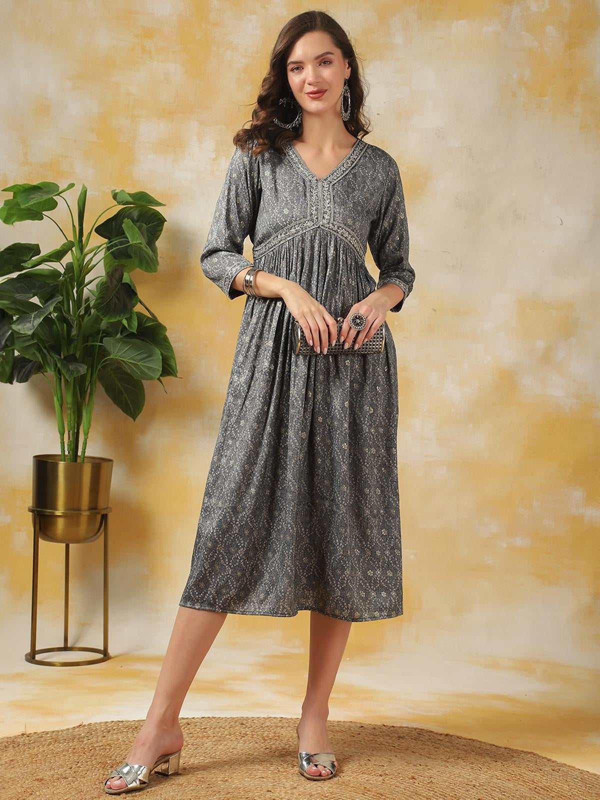 Buy Rayon Printed Empire Dress Calf Length Ethnic Dress-Grey