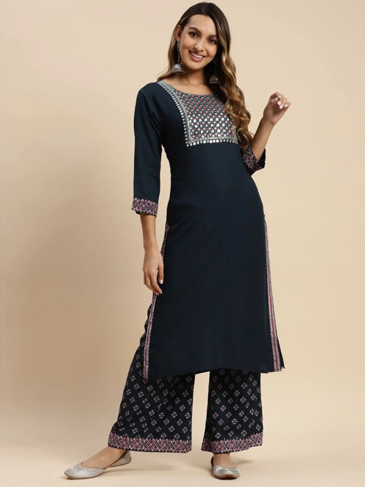 Buy Rayon Yoke Embroidered Calf Length Straight Kurta With Palazzo-Navy Blue