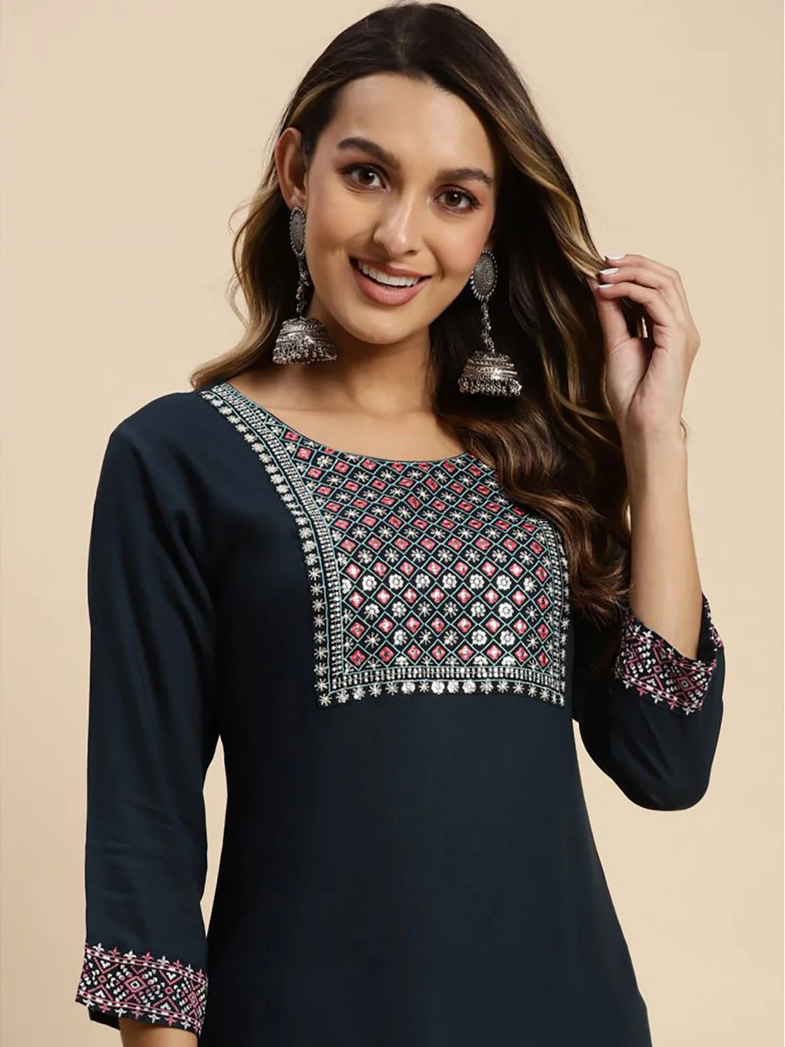 Buy Rayon Yoke Embroidered Calf Length Straight Kurta With Palazzo-Navy Blue