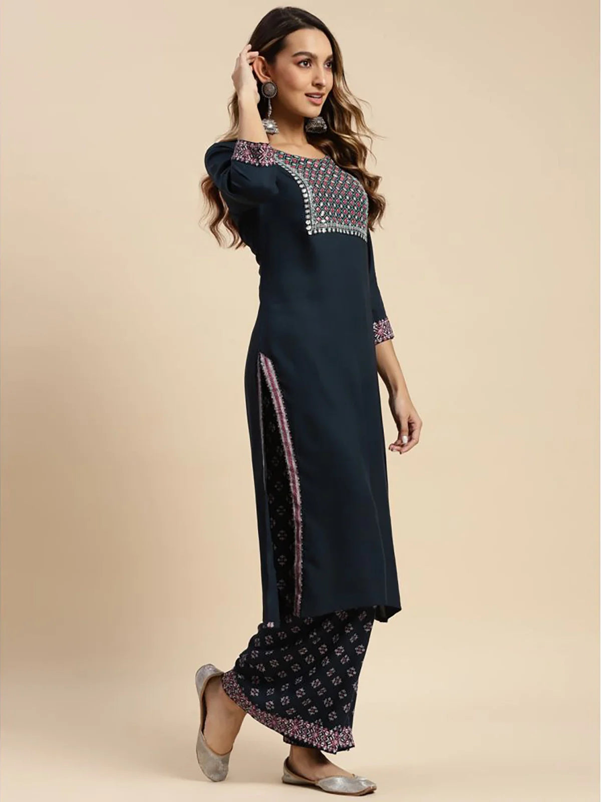 Buy Rayon Yoke Embroidered Calf Length Straight Kurta With Palazzo-Navy Blue