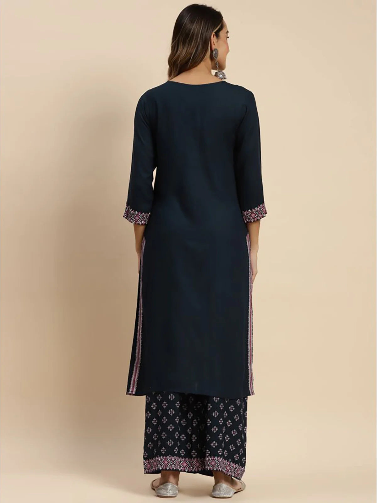 Buy Rayon Yoke Embroidered Calf Length Straight Kurta With Palazzo-Navy Blue