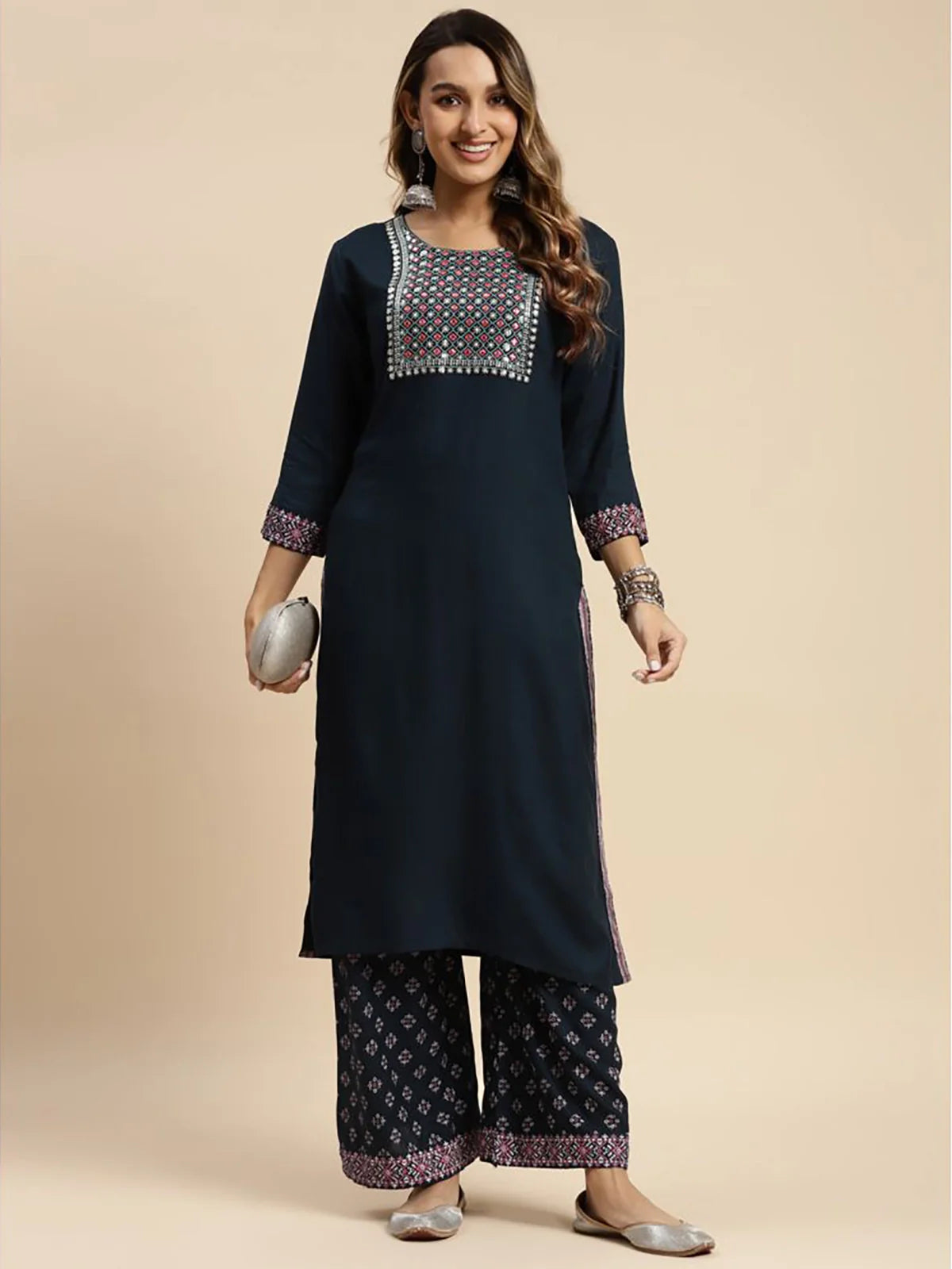 Buy Rayon Yoke Embroidered Calf Length Straight Kurta With Palazzo-Navy Blue