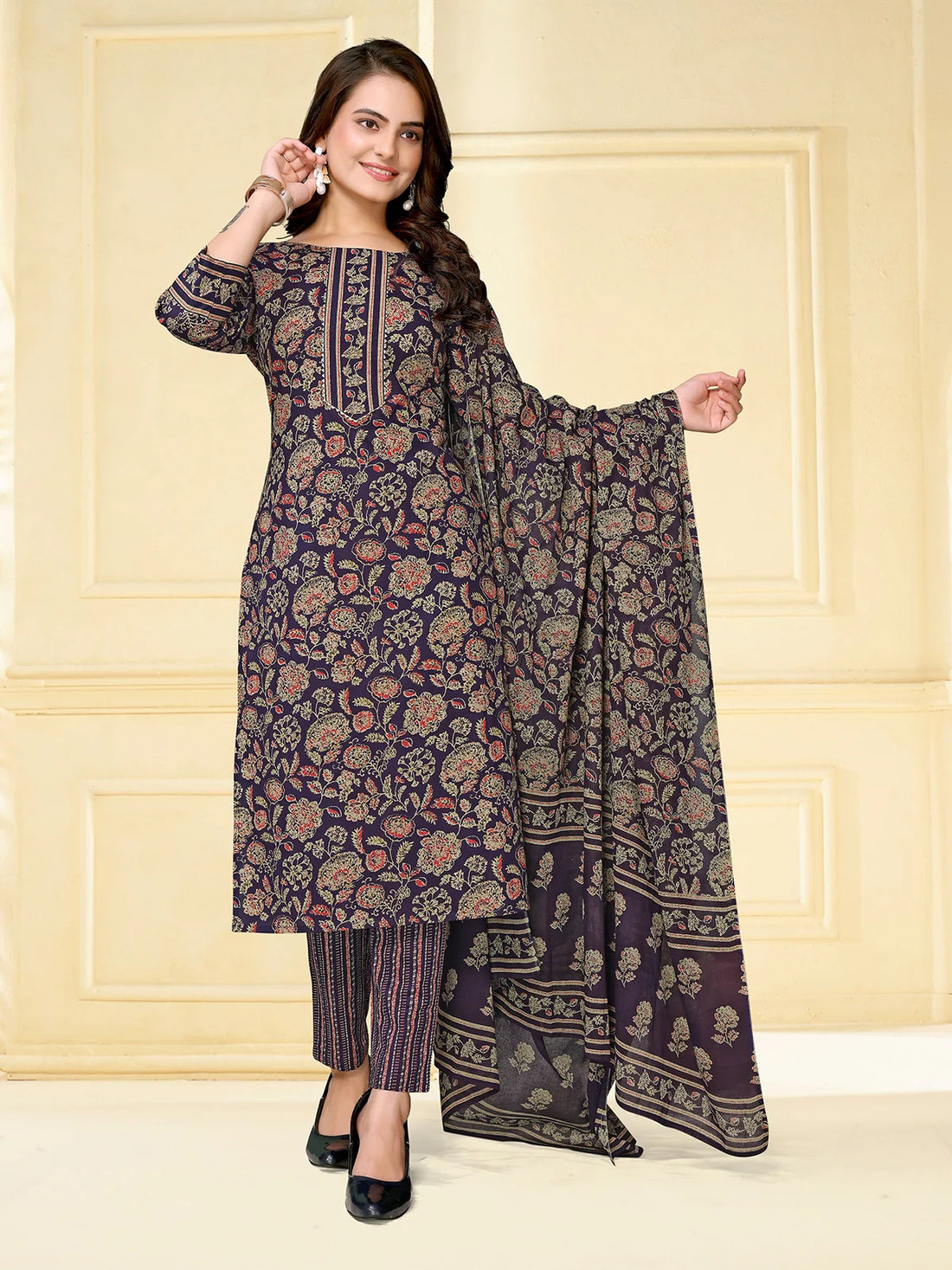 Buy Cotton Floral Printed Calf Length Straight Kurta With Pant With Dupatta-Navy Blue