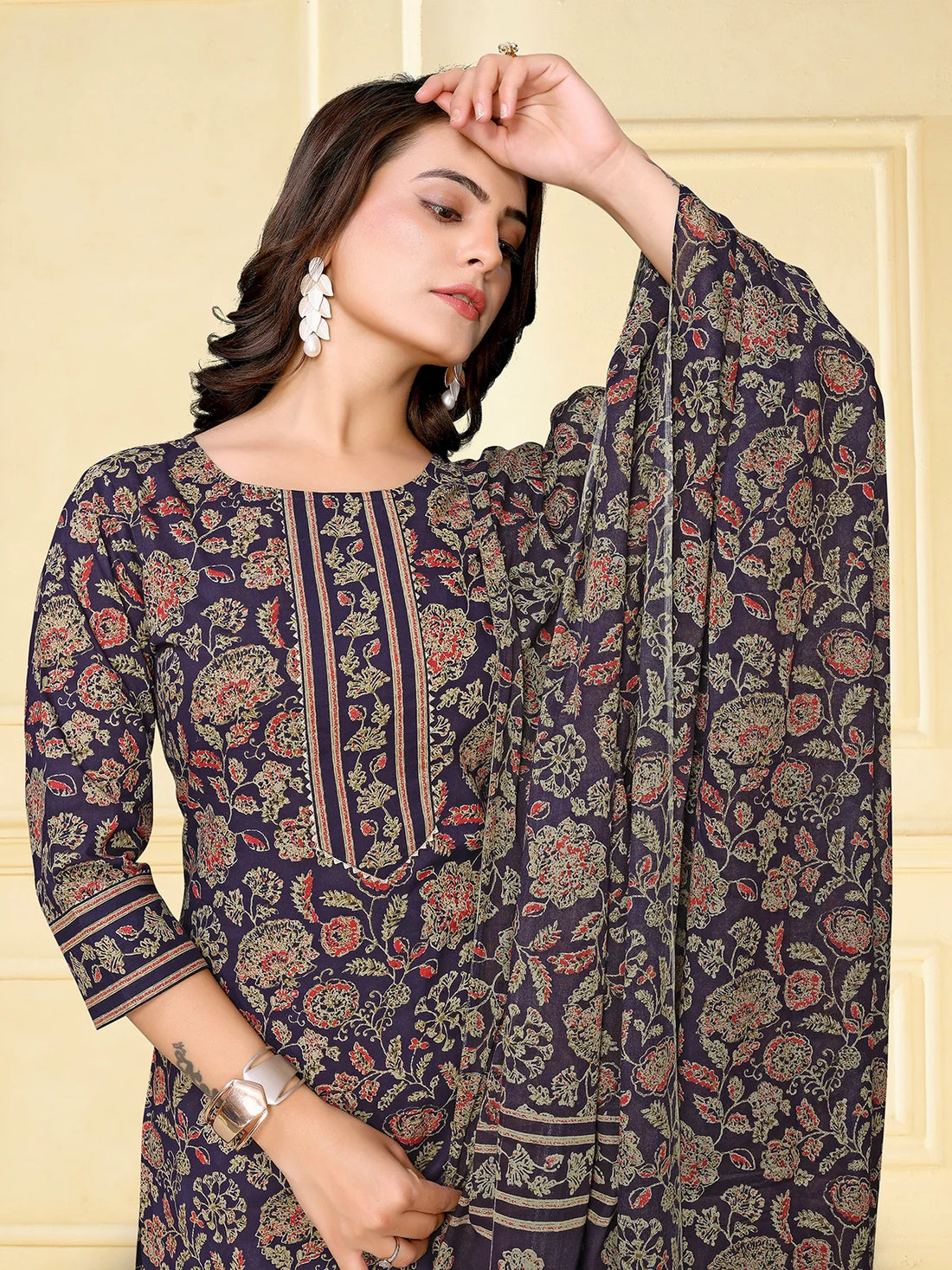 Buy Cotton Floral Printed Calf Length Straight Kurta With Pant With Dupatta-Navy Blue