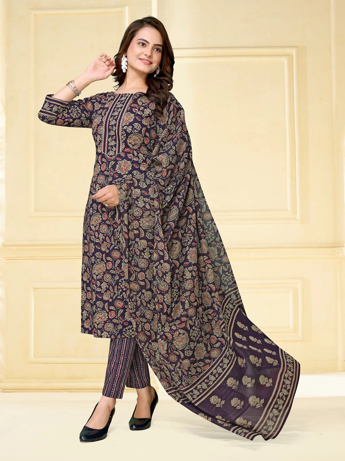 Buy Cotton Floral Printed Calf Length Straight Kurta With Pant With Dupatta-Navy Blue