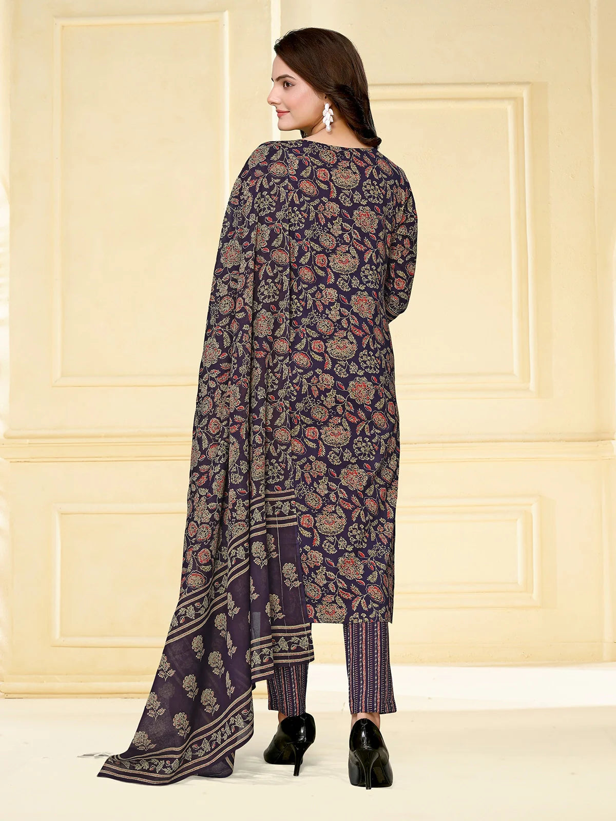 Buy Cotton Floral Printed Calf Length Straight Kurta With Pant With Dupatta-Navy Blue