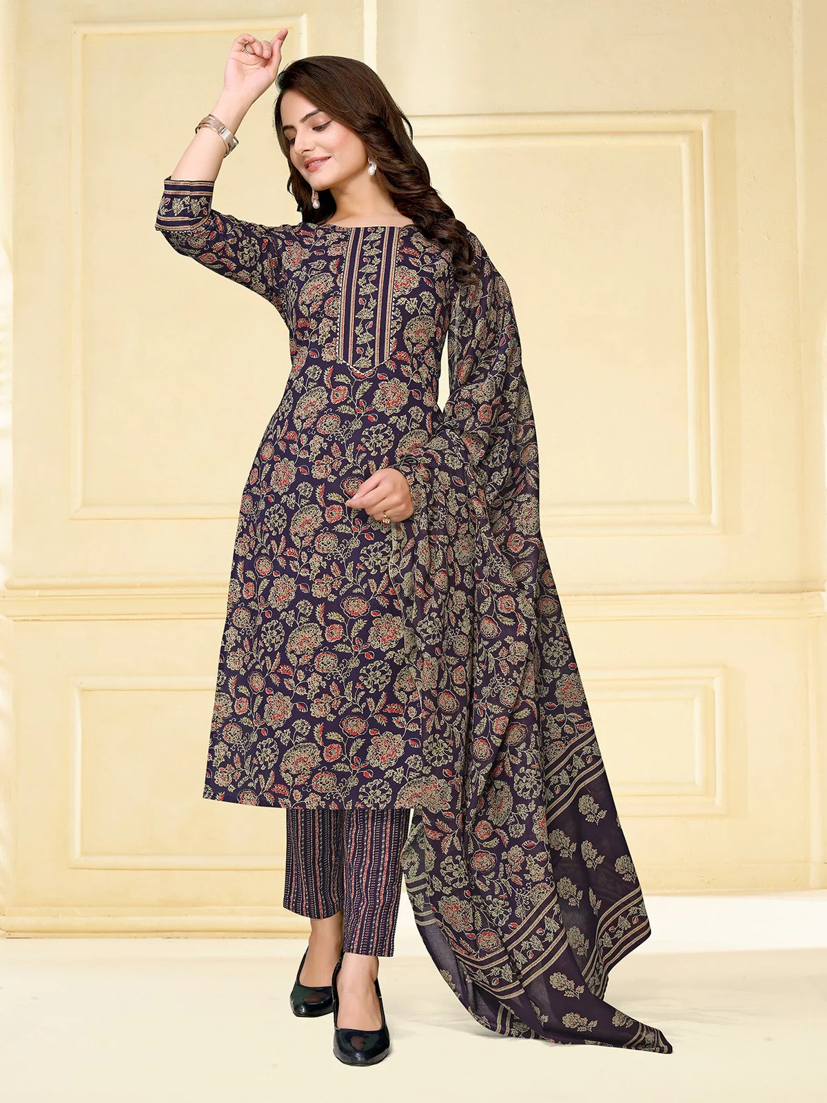 Buy Cotton Floral Printed Calf Length Straight Kurta With Pant With Dupatta-Navy Blue